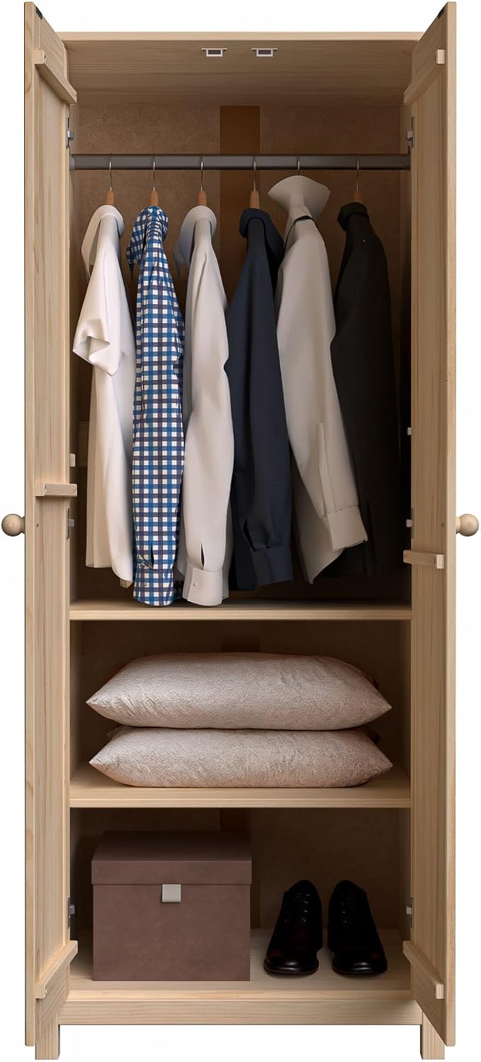 From the Tree Furniture Wardrobe – 2-Door Armoire, Unfinished Pine, 29.52″ W × 20.86″ D × 70.86″ H – Bedroom Closet with Adjustable Shelves & Hanging Rail, Stain-Ready