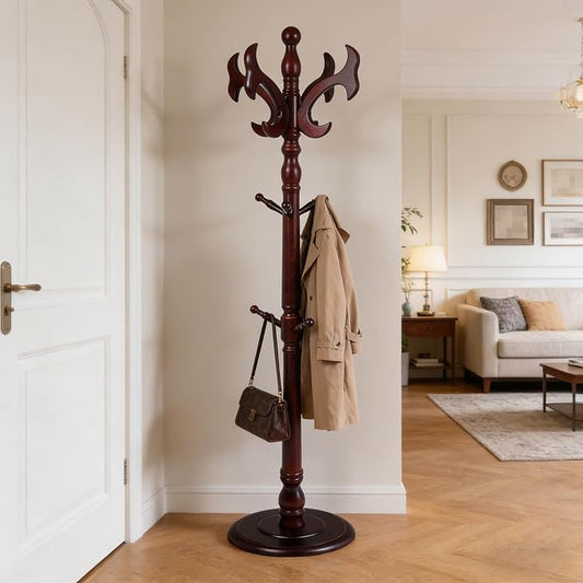 Wooden Coat Rack Freestanding with 14 Hooks, Adjustable Height Coat Tree Free Standing Heavy Duty for Entryway, Easy Assembly Solid Wood Sturdy Coat Hats Hanger Stand for Office Hallway Bedroom