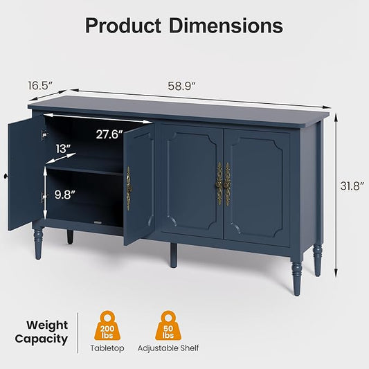RoyalCraft Buffet Cabinet with Storage, Vintage Sideboard with Adjustable Shelves, Mid Century Modern Painted Credenza Coffee Bar for Kitchen, Dining Room, Entryway, Blue