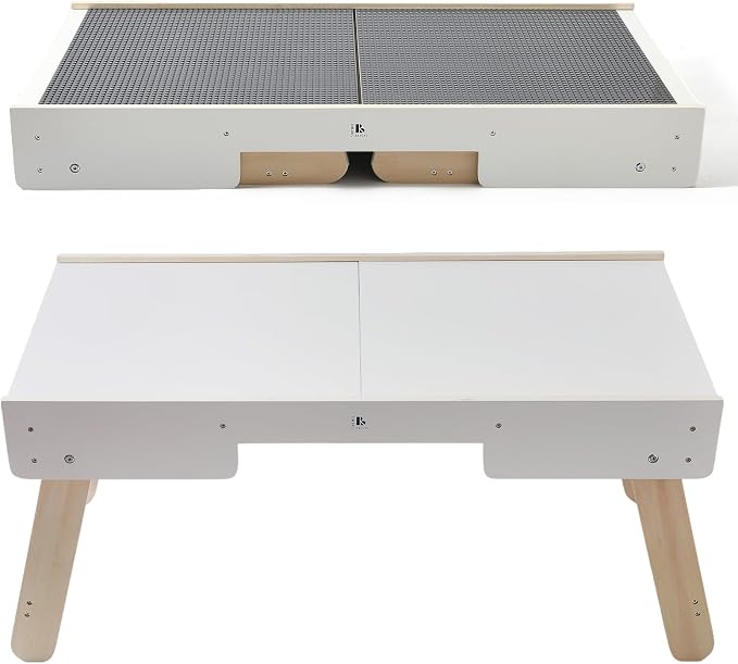 Youuys 3 in 1 Wooden Kids Activity Table & Building Board Compatible with Building Block,Storage Play Table Reversible Top Legs Fold for Easy Under Bed Storage (No Chairs)
