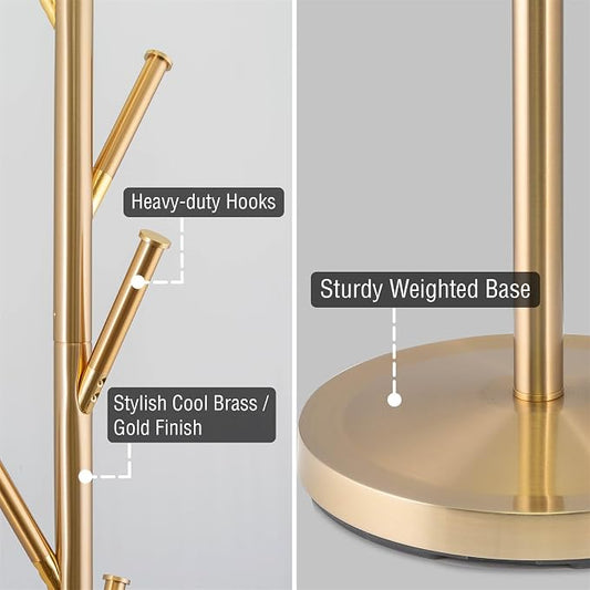 Kira Home Addison 68" Modern Gold Standing Coat Rack with 6 Hanging Hooks, Sleek Metal Gold Coat Stand with Weighted Base, Cool Brass Finish