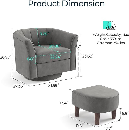 LINSY Swivel Accent Chair Ottoman Set: Velvet Larege Barrel Chair with Foot Rest, Modern Reading Chair Upholstered Armchair with Footrest for Living Room Bedroom Study Room Office (Grey)