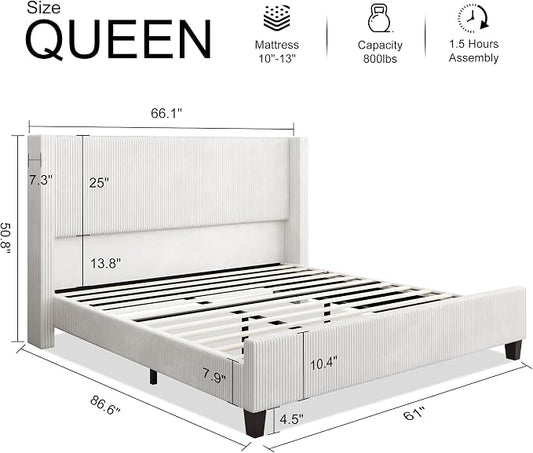 HOWE Queen Size Bed Frame with 50.8 Inch Corduroy Wingback Headboard, White | Modern Upholstered Platform Bed, Solid Wood Slats, No Box Spring Needed, Noise-Reducing Design