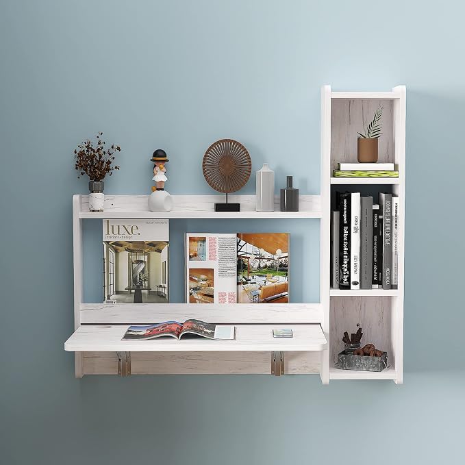 Pmnianhua Floating Desk,41'' Wall Mounted Desk,Fold Down Laptop Desk,Folding Workstation,Space Saving Table with Storage for Bedroom Study Room Small Space (Off White-Left)