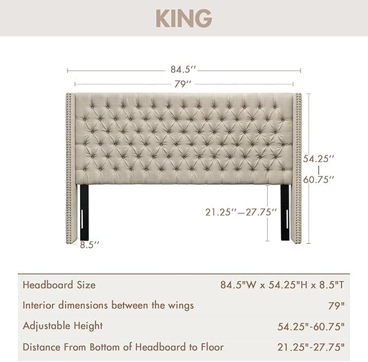 Madison Park King Wingback Upholstered Tufted Headboard, Featuring High-Density Sponge Padding, Adjustable Height Headboard, Easy Assembly, Beige Woven