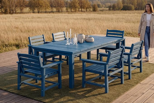 Perli™ 7-Piece Outdoor Dining Set, All-Weather HDPE Patio Furniture with 6 Ergonomic Chairs & Large Table, Built-in Umbrella Hole, UV-Resistant Set for Backyard, Deck, Poolside, Blue