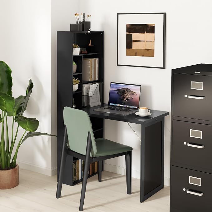 HOMCOM Foldable Convertible Writing Table, Wall Mounted Space-Saving Computer Desk with Chalkboard and Storage Shelves for Small Spaces, Home Office, Bedroom, Dorm, Apartment, Black
