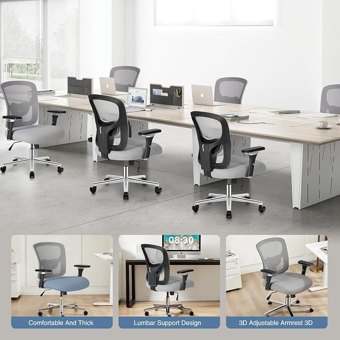 DUMOS Big and Tall Office Desk Chair with Lumbar Support, 500lbs Heavy Duty Mesh Ergonomic Computer Chair with 4D Armrest and Wide Comfy Seat, Swivel Wheels for Adult, Grey