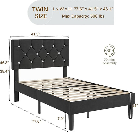 VECELO Twin Size Bed Frame, Upholstered Platform with Adjustable Diamond Tufted Headboard, Wood Slat Support, No Box Spring Needed, Velvet & Black