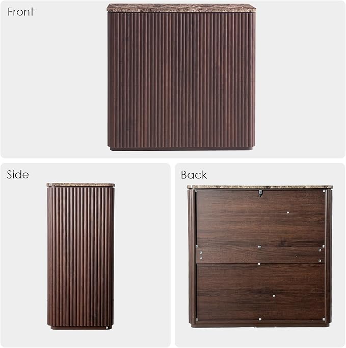 Fluted 2 Doors Sideboard Cabinet with Storage, 34" Wooden Credenza with Shelves, Faux Marble-Top Coffee Bar Console Table, Modern Buffet Cabinet for Dining, Kitchen, Living Room, Entryway, Dark Oak