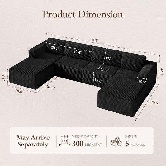 Vesgantti 159" Large Modular Sectional Sofa, U-Shaped Corduroy Cloud Couch with Deep Seats & Spring Support, 4-Seater Boneless Sofa with 2 Movable Ottomans, No Assembly Needed, Black