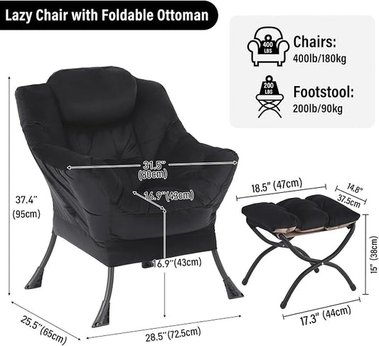 Furlide Lazy Chair with Ottoman, Modern Accent Chair with Armrests and a Side Pocket, Velvet Black Accent Chairs, Reading Chairs, Oversized Armchairs for Bedroom, Study, Living Room, Courtyard