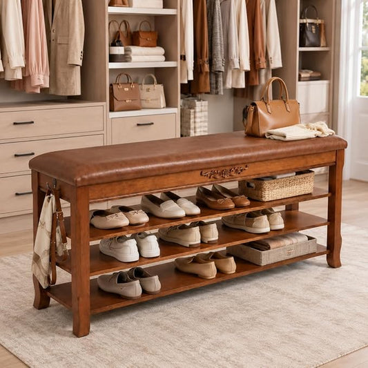 Shoe Rack Bench Entryway Storage with Leather Cushion, Shoe Organizer Bench for Entryway, Front Doors Entrances Hallway,Mudroom,Closet, Bedroom,Solidwood 3 Height-Adjustable Removable Shelve,47.2"
