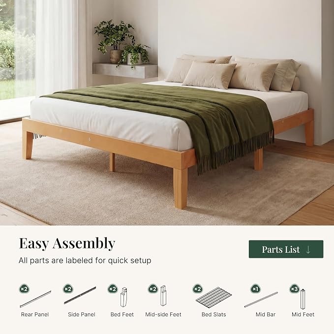 Sweetcrispy Full Size Bed Frame 12 inch Heavy Duty Platform Bedframe, 1000 lbs Capacity, Underbed Storage, No Box Spring Needed, Wooden Slats, Easy Assembly with Velcro, Honey Finish