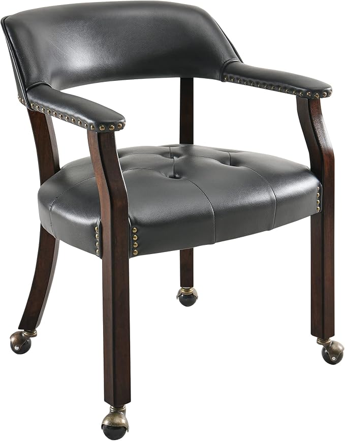 LEEMTORIG Set of 8 Large Dining Chairs with Casters and Arms, Rolling on Wheels, Accent Game Table Chairs, Solid Wood Boss Caption's, Espresso Legs & Black, SY-318-BK