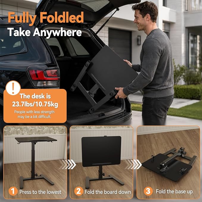 Monomi Mobile Folding Desk 25.6 Inch, Small Sit-Stand Height Adjustable Rolling Laptop Desk, Space-Saving Portable Desk with Wheels for Home Office Craft & Study, Black