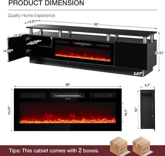 90" TV Stand for Living Room, Large Entertainment Center & Media Console, Fits TVs up to 100", Storage Cabinet with Shelves, 50" Electric Fireplace
