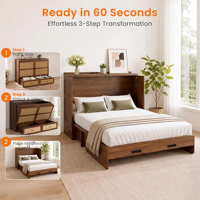 CECER Queen Murphy Bed with Mattress for Guest/Small Space-Black Walnut | Built-in Multi-Port Charging Station & Large Storage Drawer,Space Saving & Easy Assemble and Conversion
