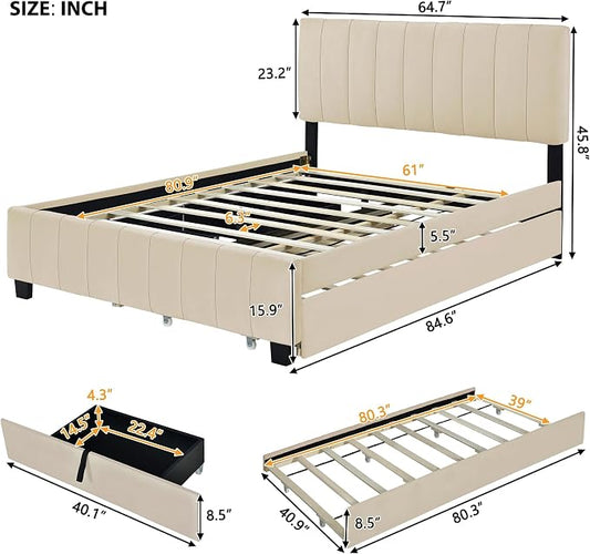 Ball & Cast Queen Size Bed Frame with 2 Drawers and 1 Twin XL Trundle,Velvet Upholstered Platform Bed with Channel Tufted Headboard,Wood Slats Support,No Box Spring Needed,Beige