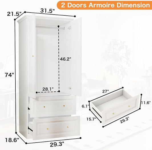 Armoire Wardrobe Closet with Drawers: Large White Wardrobe Closet with 2 Doors and 2 Drawers, Wooden Bedroom Armoires Storage Cabinet with Hanging Rod and Shelves (32")