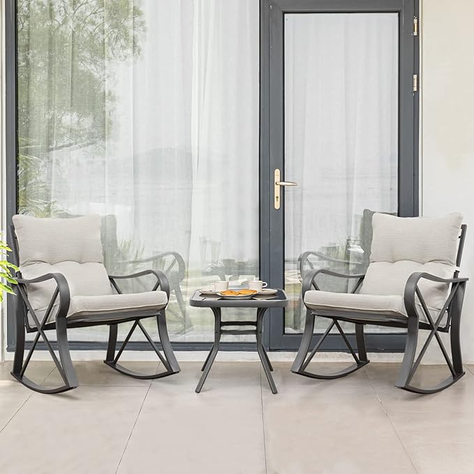 COSIEST 3 Piece Bistro Set Patio Rocking Chairs Outdoor Furniture w Beige Cushions, Glass-Top Table for Garden, Pool, Backyard