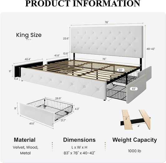 SHA CERLIN King Size Platform Bed Frame with 4 Oversized Storage Drawers, Adjustable Headboard with Velvet Upholstery, Diamond Button Tufted Design, Wooden Slat Support, No Box Spring Needed, White