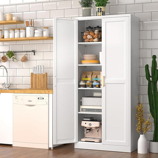 Polup White Kitchen Pantry Cabinet, 71 Inch Tall Metal Storage Cabinet with Doors and Shelves, Pantry Cabinets for Kitchen Storage, Freestanding Cupboard for Living, Dining Room, Assemble Required