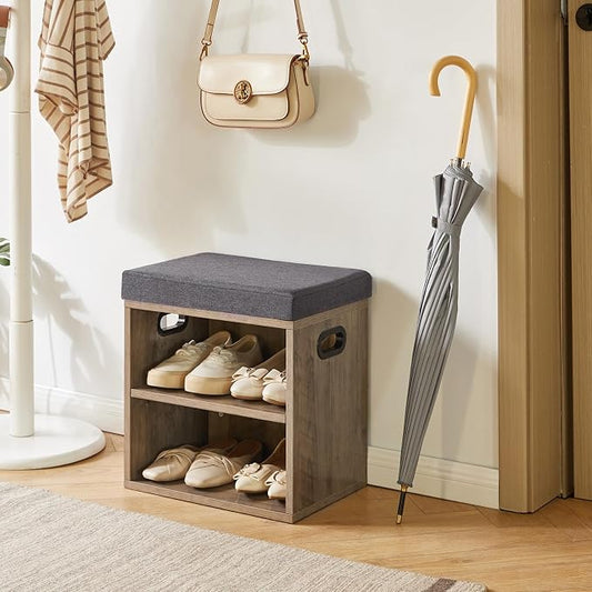 YMYNY Small Shoe Storage Bench with Cushion, 2 Tier Entryway Bench with Shoe Storage, Shoe Rack Bench for Entryway, Living Room, Hallway, Closet, Bedroom, 15.4L*11W*16.54H, Silver Gray UHBD028Y