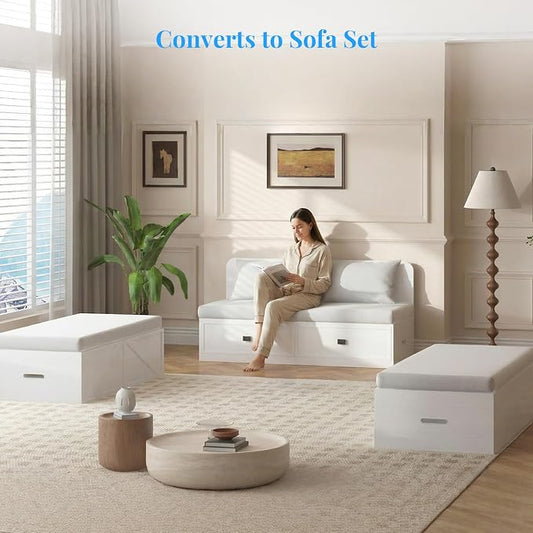 PUREMIND Murphy Bed Queen with Mattress Included, Wood Cabinet Bed with Dual Storage Drawers & 2 Pillows, 3-in-1 Convertible Sofa Beds for Small Space, Guest Room, Home Office, White