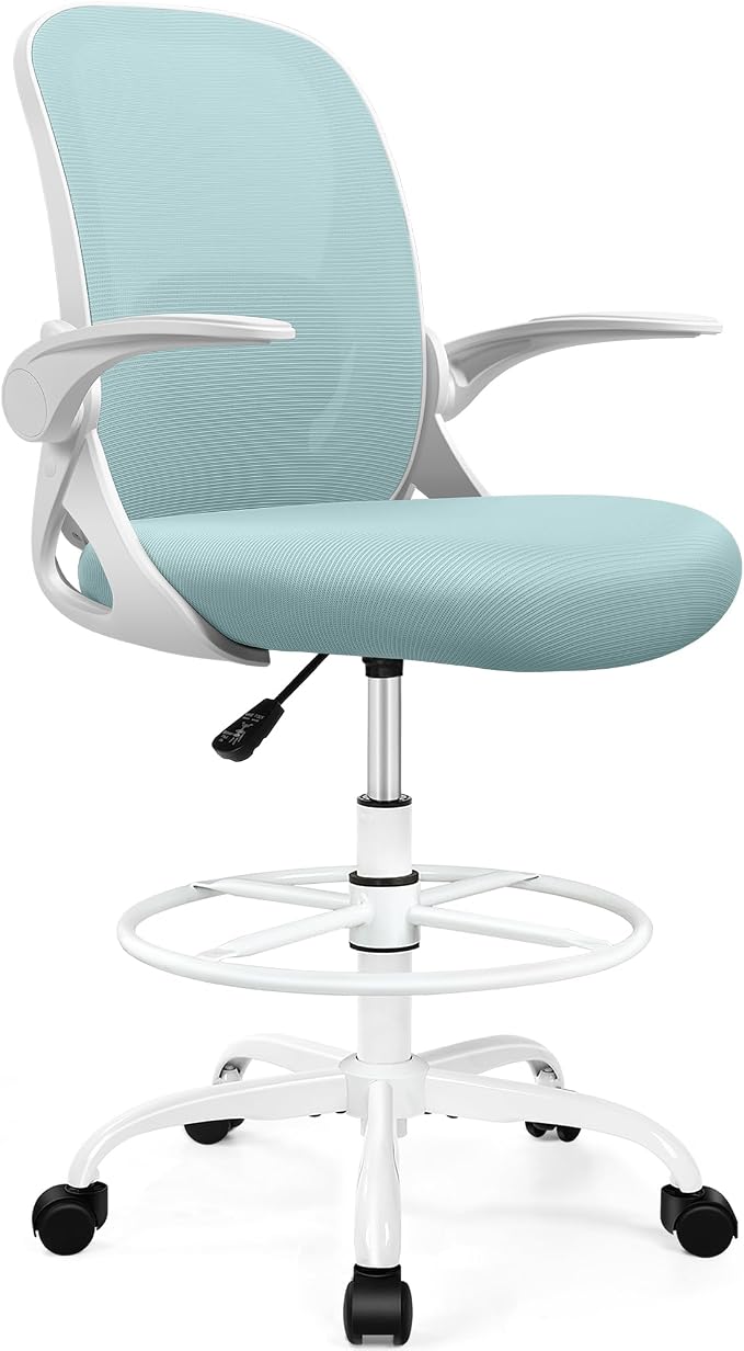Drafting Chair Tall Office Chair with Flip-up Armrests, Adjustable Height, and Enhanced Lumbar Support - Ergonomic Rolling Stool, Back Support, and Adjustable Foot Rest Ring Light Blue