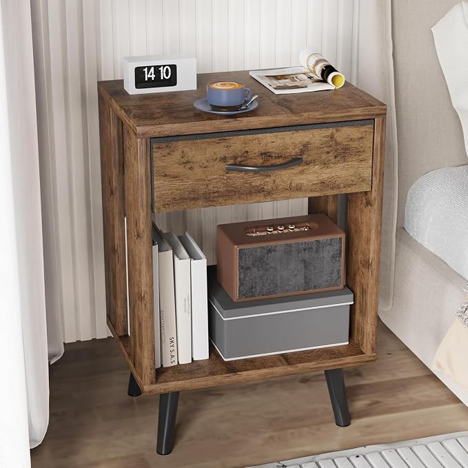 GYIIYUO Nightstand Set of 2 with Fabric Drawers and Open Shelves - Rustic Bedroom Side Tables