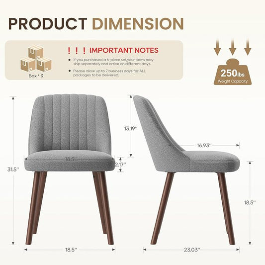 MALOL Upholstered Dining Chairs Set of 6, Modern Fabric Kitchen Chairs with Back, Wood Legs for Kitchen Dining Room Restaurant, Grey