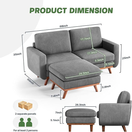 Vesgantti 68" Loveseat Sofa with Movable Ottoman, Comfy Corduroy Couch with Spring Cushion, Sofa Couch with Solid Wood, Modern Office Sofa with Deep Seat for Living Room and Bedroom, Dark Gray
