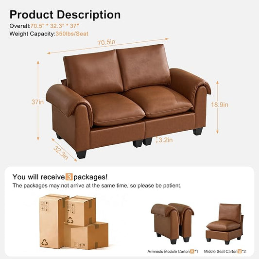 70.5" Faux Leather Modular Sectional Loveseat Sofa, Oversized 2 Seater Upholstered Couch with Curved Armrests, Cloud Modern Deep Seat Love Seat Sofa for Living Room, Brown