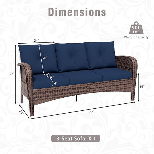 Patio 3-Seater Sofa, PE Wicker Outdoor Lounge with Thick Removable Cushions, Rust-Proof Steel Frame, 900LBS Capacity, Blue