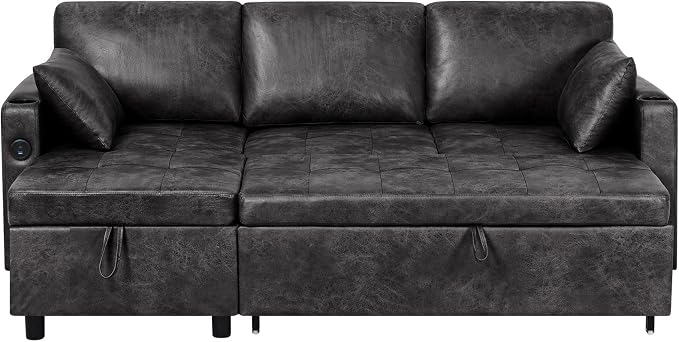 84" Suede Leather Pull Out Sofa Bed w/Adjustable Backrest, Sectional Sleeper Couch w/Storage Chaises and Armrest Pillows, U-Shape Sofa Bed w/USB Port for Living Room, House, Black