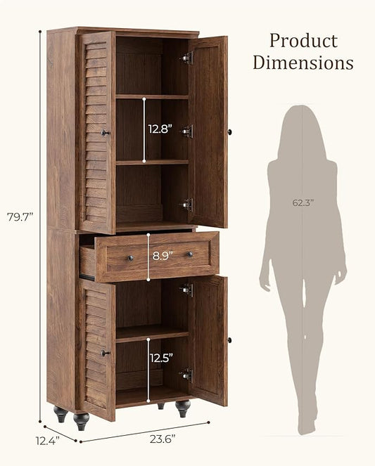 80" Tall Storage Cabinet with Louvered Doors and Adjustable Shelves, Farmhouse Kitchen Pantry Cabinet, Freestanding Storage for Dining Room, Living Room, Home Office, Bathroom, Cracked Oak