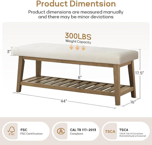 Entryway Bench with Cushion, Upholstered Shoe Rack Bench with Solid Wood Shelf, 44" End of Bed Bench for Bedroom, Chenille Fabric Storage Bench for Entryway, Hallway, Living Room (Beige)