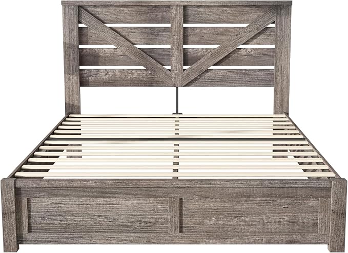 AMERLIFE Full Size Bed Frame with 49.2" Barn Door Headboard and Footboard, Farmhouse Platform Bed Frame with Wood Slats, No Box Spring Needed, Under Bed Storage, Rustic Gray