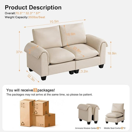 70.5" Faux Leather Modular Sectional Loveseat Sofa, Oversized 2 Seater Upholstered Couch with Curved Armrests, Cloud Modern Deep Seat Love Seat Sofa for Living Room, Beige