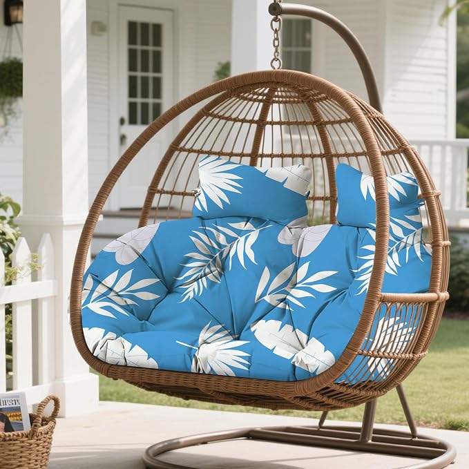 Double Egg Chair Cushion Replacement Waterproof for Outdoor Patio Hanging Basket Large Egg Chairs, 59x43-Inch Thickened 100% Cotton Double Eggs Swing Chair Cushions, Blue Leaf