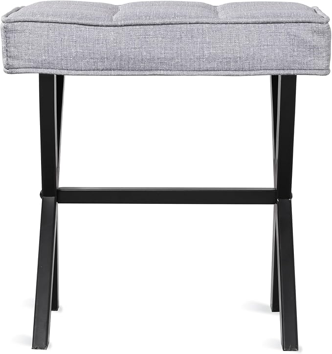 LUE BONA Vanity Stool - Square Linen Makeup Seat With Metal X Legs, Small Ottoman Chair for Makeup Room, Living Room, Bathroom - Modern Padded Foot Rest, Dark Gray