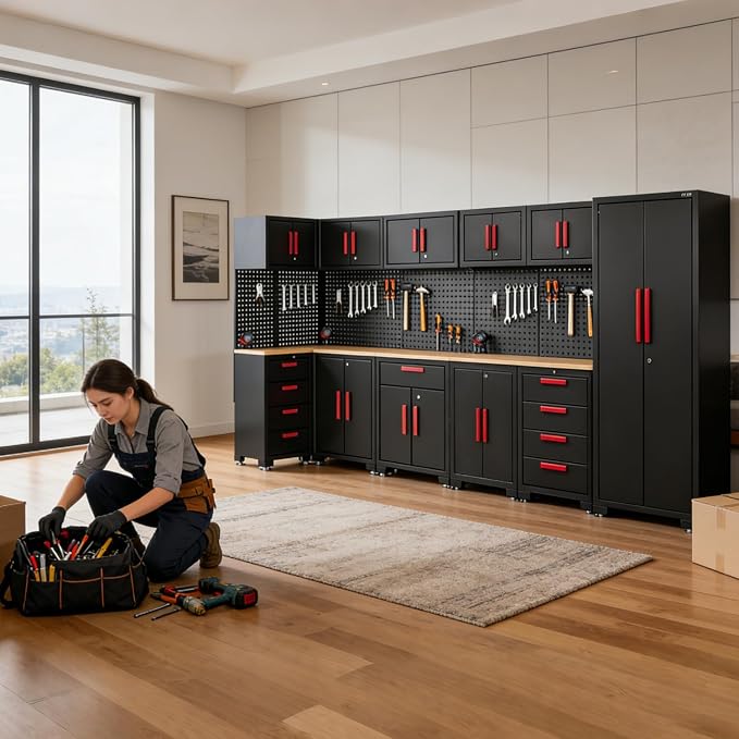 Garage Storage Cabinet System,16PCS Garage Cabinets and Storage System Corner Workshop Set with Corner Cabinet, Cabinet Drawers, Workbench, Pegboard for Tool Organization, Black Red