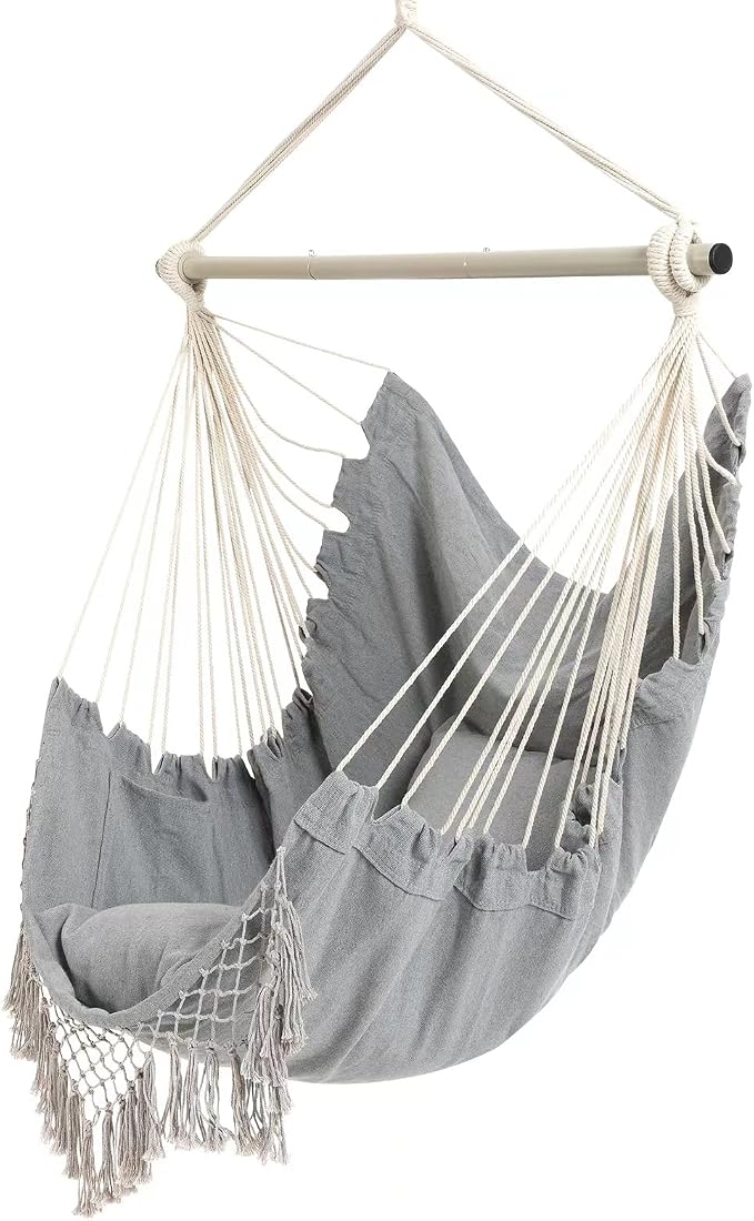 Hammock Chair, Hanging Rope Swing Seat with 2 Cushions,Macrame Hanging Chair Side Pocket with High Load-Bearing Metal Rod,for Indoor, Outdoor, Extra Comfortable