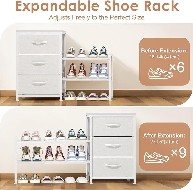 Cidaziya Expandable Closet Organizers and Storage, White Fabric Storage Dresser, 3 Drawer Dresser, Clothes Shelves for Kids, Purse Organizer Small Shoe Rack for Closet Bedroom(31.29~43.42 in)