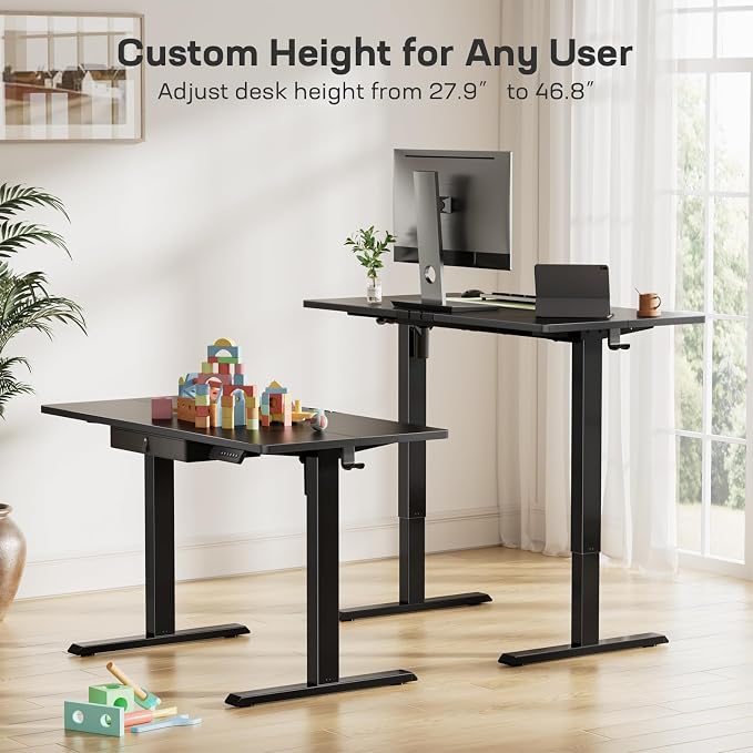 Marsail 48x24 Electric Standing Desk with Drawer, Computer Desk, Sit Stand Office Table with Storage & Hooks & Cable Management, Ergonomic Height Adjustable Table for Home Office, Black