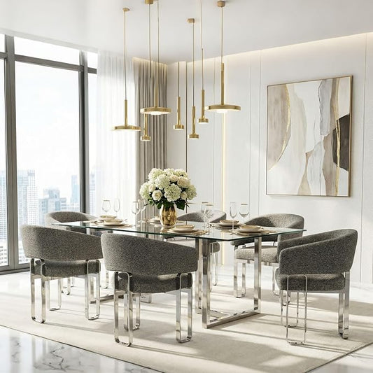Grey Barrel Armchair, Boucle Dining Room Chairs, Modern Dining Chairs with Curved Backrest and Polished Chrome U-Shaped Legs, Set of 5