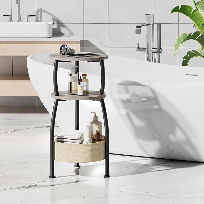 Round Side Table with Storage Basket –Small Space Saving End Table 3-Tier Coffee Table Bedside Corner Stand for Living Room, Bedroom, Garden and More 24in Tall Greige