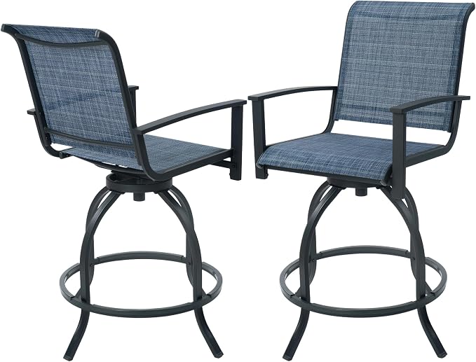 Kozyard Outdoor Swivel Bar Stools Set of 2, 360° Swivel Counter-Height Patio Bar Chairs with High Back, Powder-Coated Steel Frame & Textilene Fabric for Backyard, Balcony, Kitchen Island Navy Blue