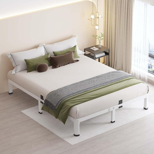 MAF 7 Inch Queen Metal Platform Bed Frame White with Round Corner Legs, Mattress Slide Stopper, 3000 LBS Heavy Duty Steel Slats Support, Noise Free, No Box Spring Needed, Easy Assembly